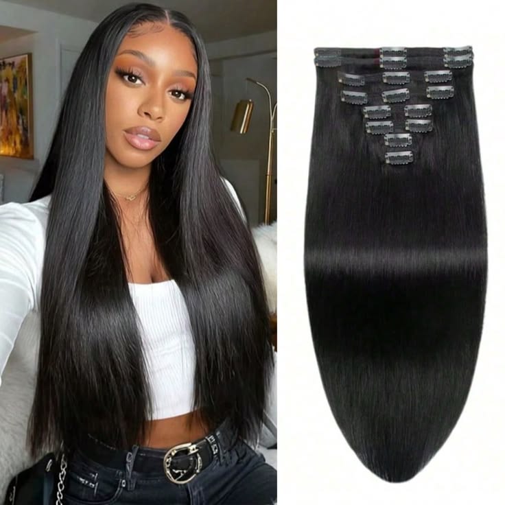 Black straight clip-in extensions
